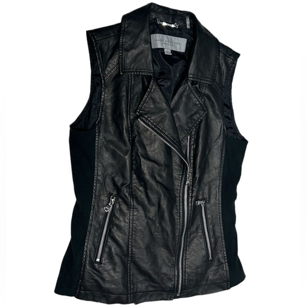 Marc New York Black Faux Leather Vest Vegan Asymmetrical Zip Up Pockets Moto